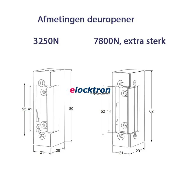 Afmetingen standaard en extra sterke uitvoering. De sluitplaat heeft voor beide dezelfde afmetingen. 