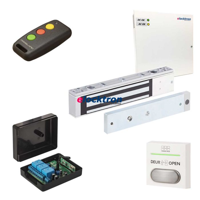 complete set kleefmagneet met afstandsbediening, handzender en ontvanger, voeding, netvoedingskabel en een drukknop 