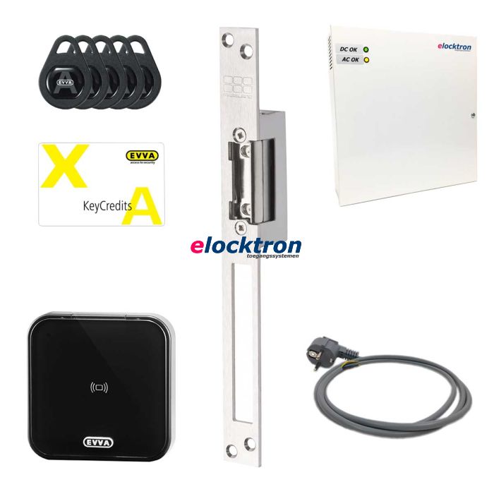 Compleet toegangssysteem elektrische deuropener met wandlezer van Evva Airkey, inclusief 10 keycredits en 5 gebruikerstags. 
